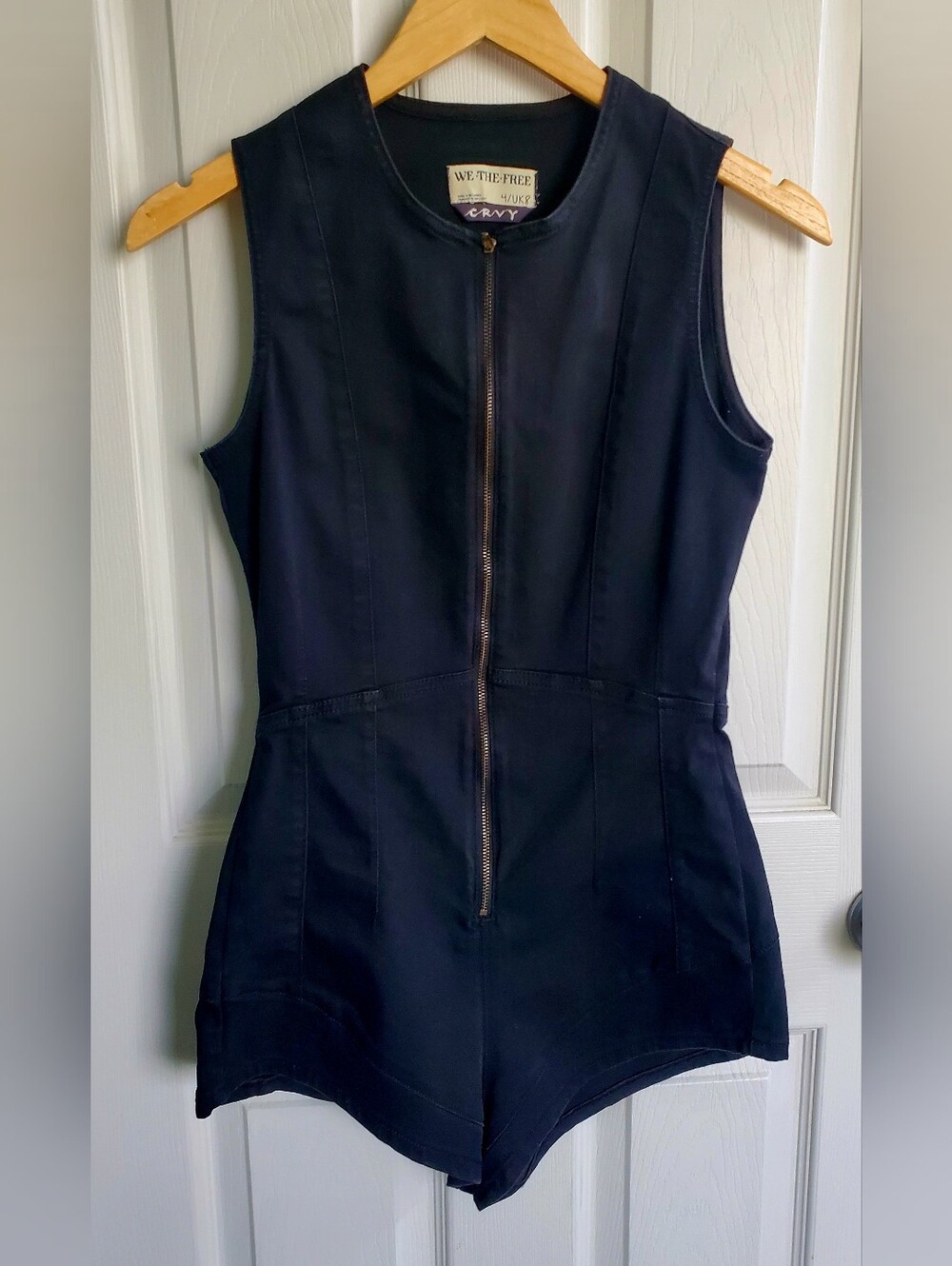 Free People Crvy Washed Black Zip Up Sleeveless Denim Romper Micro Short Size 4
